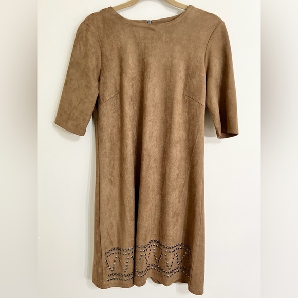 SPENSE Faux Suede Bohemian Studded Short Sleeve Midi Dress Neutral Hippie Size 8 - Picture 3 of 13